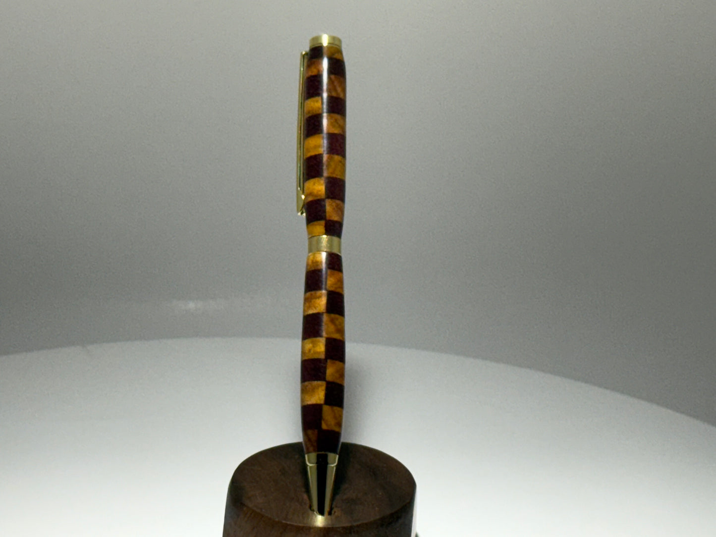 Checkered Style Canarywood-Purpleheart slimline style twist pen w/Brass trim