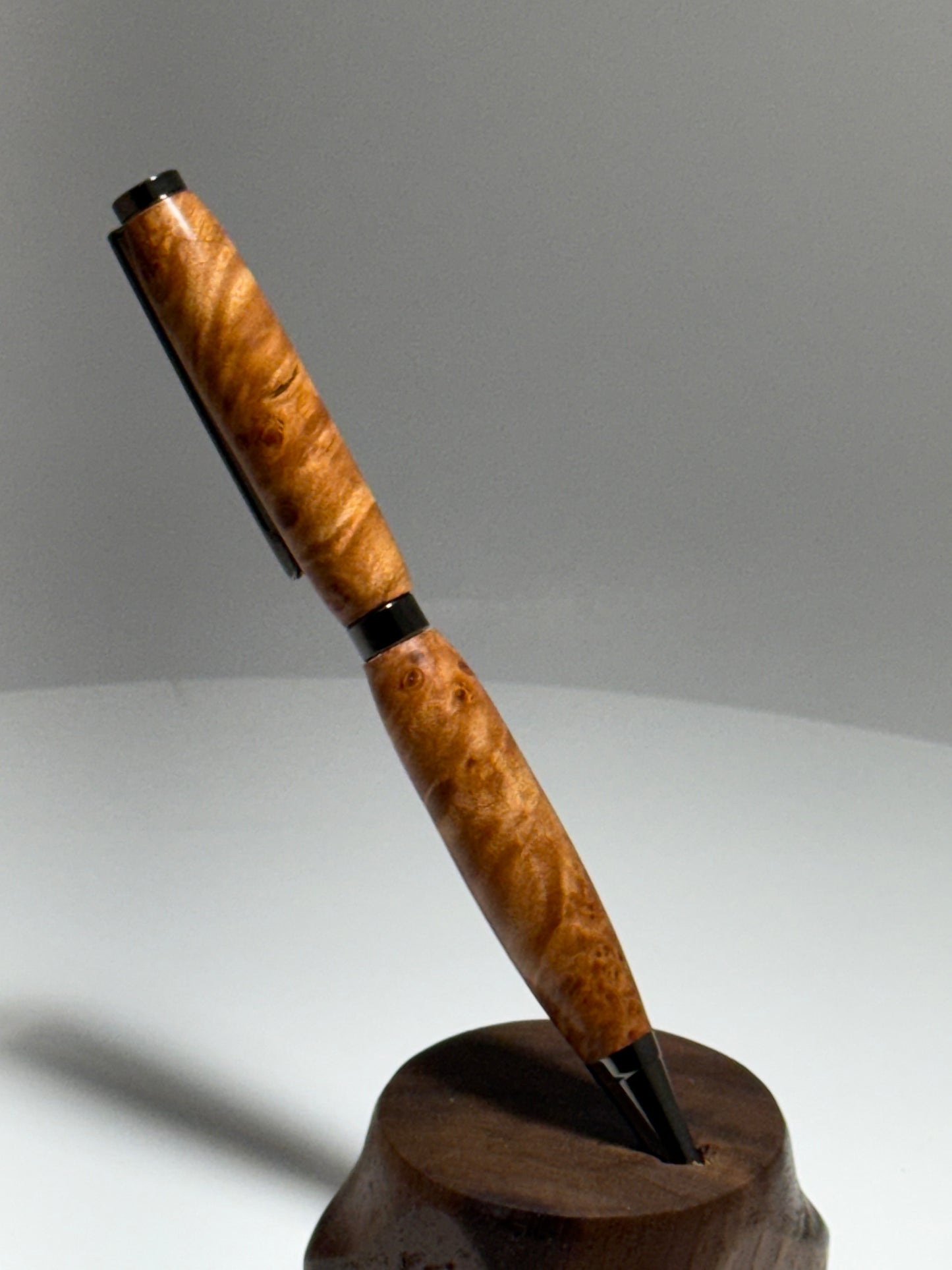 Maple Burl wood slimline style twist pen w/ gunstock trim