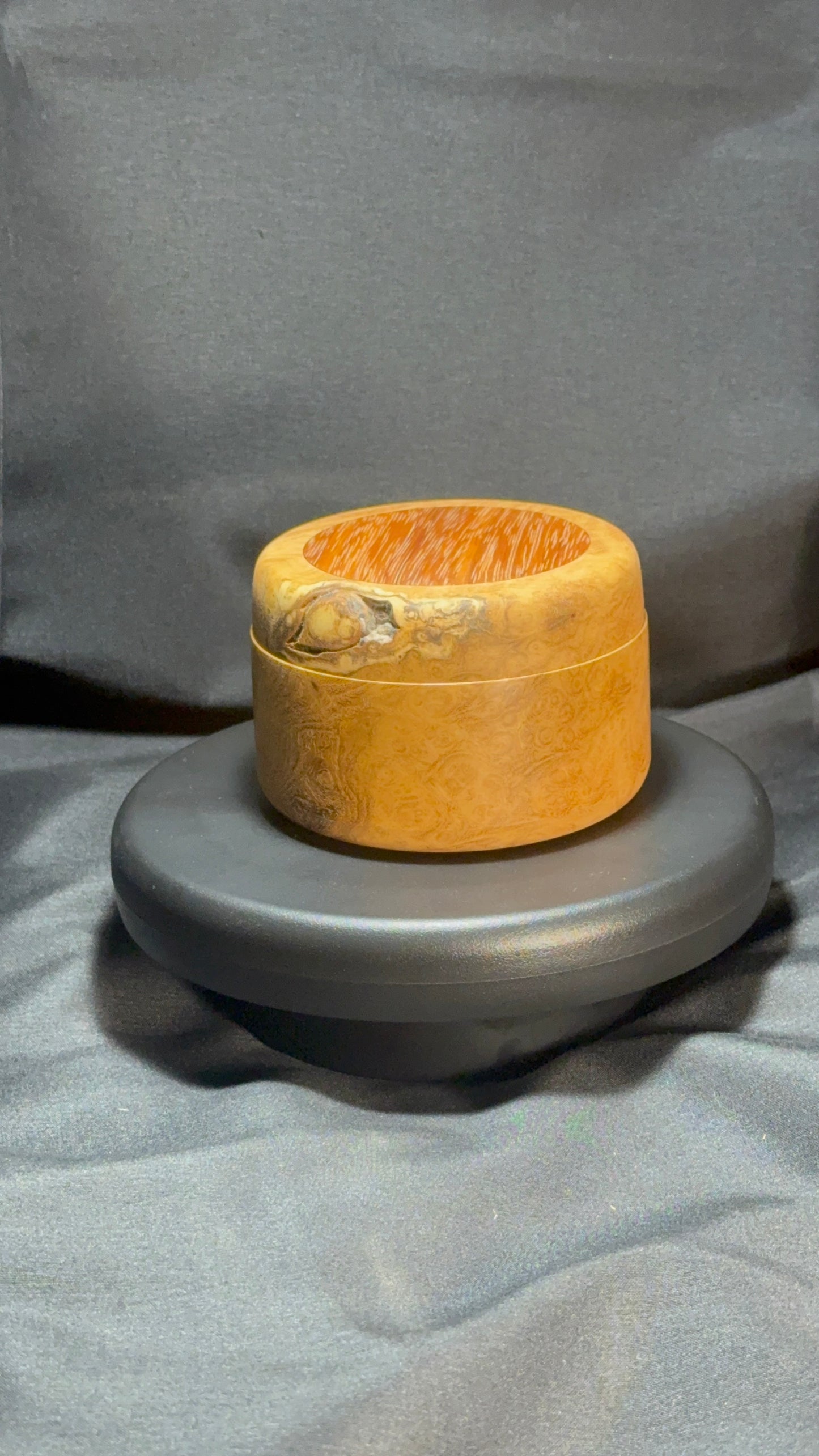 3” Figured Oak Burl pinch pot w/Mahogany inlay