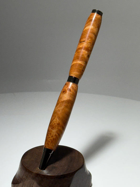 Maple Burl wood slimline style twist pen w/ gunstock trim