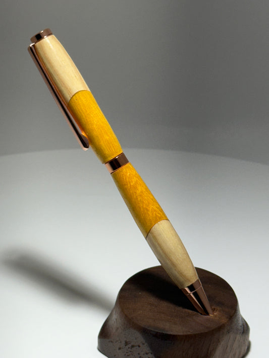 Hickory/Arg. Osage Orange slimline style twist pen w/ Rose gold trim