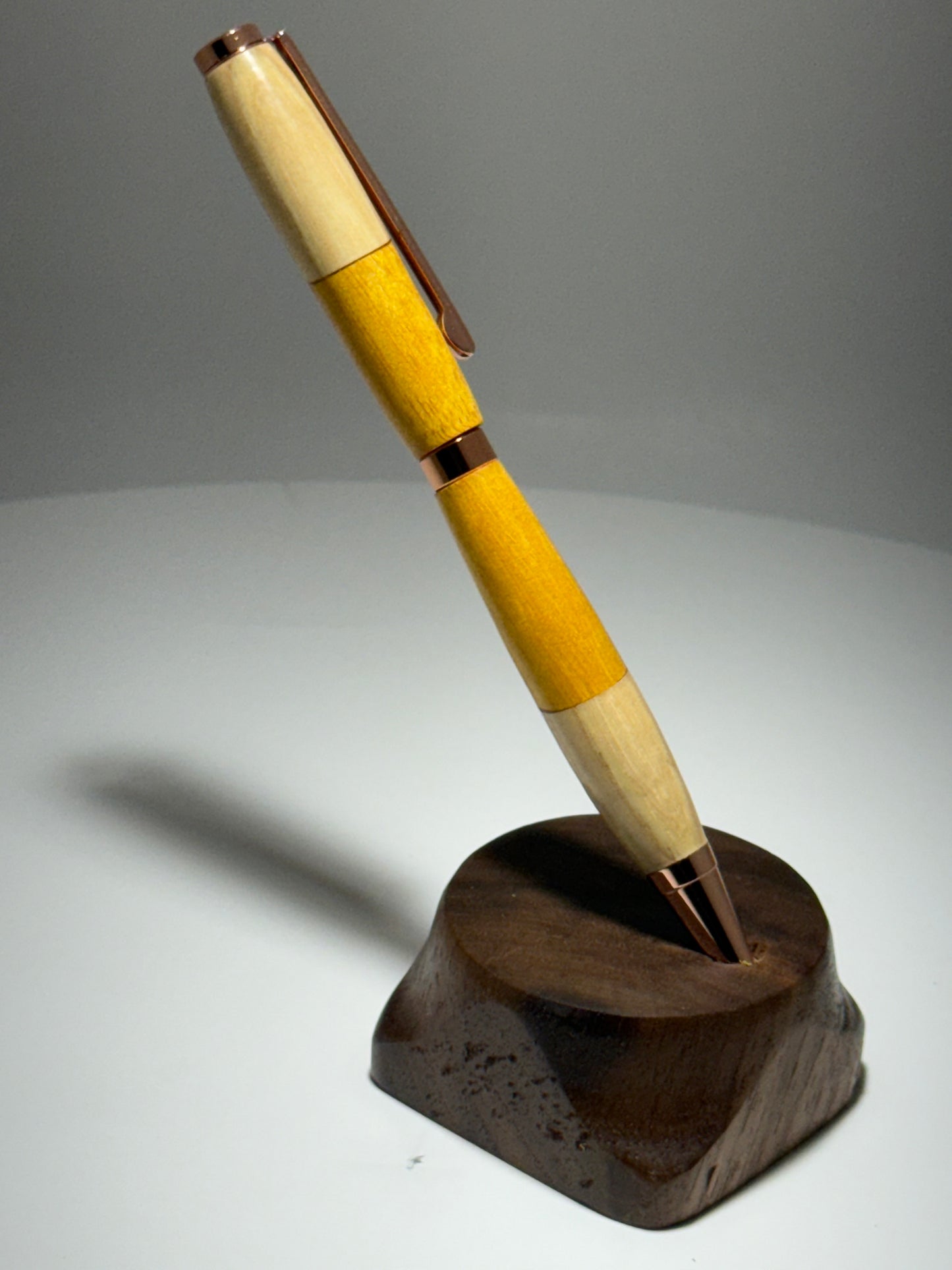 Hickory/Arg. Osage Orange slimline style twist pen w/ Rose gold trim