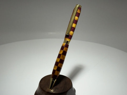 Checkered Style Canarywood-Purpleheart slimline style twist pen w/Brass trim