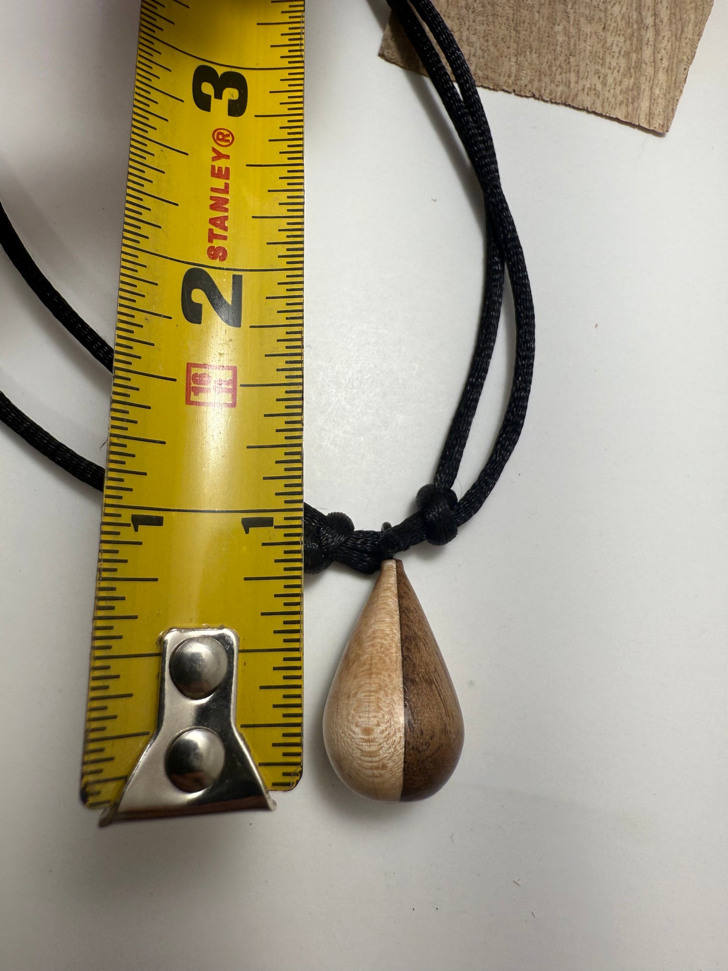 Black Walnut & Hard Maple Tear Drop Pendant w/ black silky nylon adjustable necklace