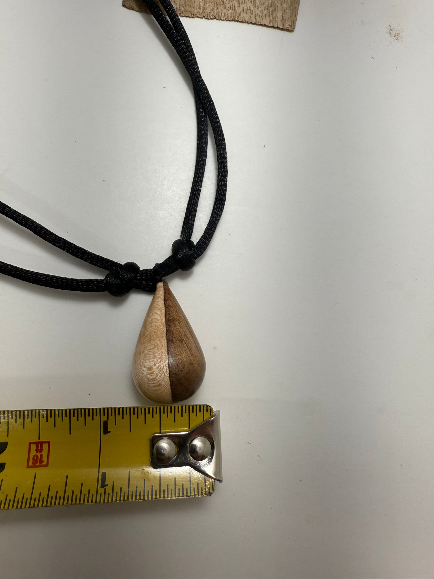 Black Walnut & Hard Maple Tear Drop Pendant w/ black silky nylon adjustable necklace