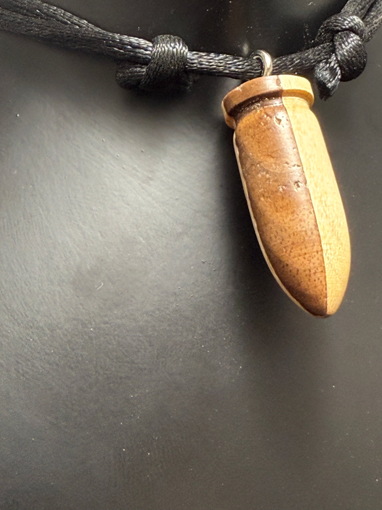 Black Walnut & Hard Maple bullet style Pendant w/black silky nylon adjustable necklace
