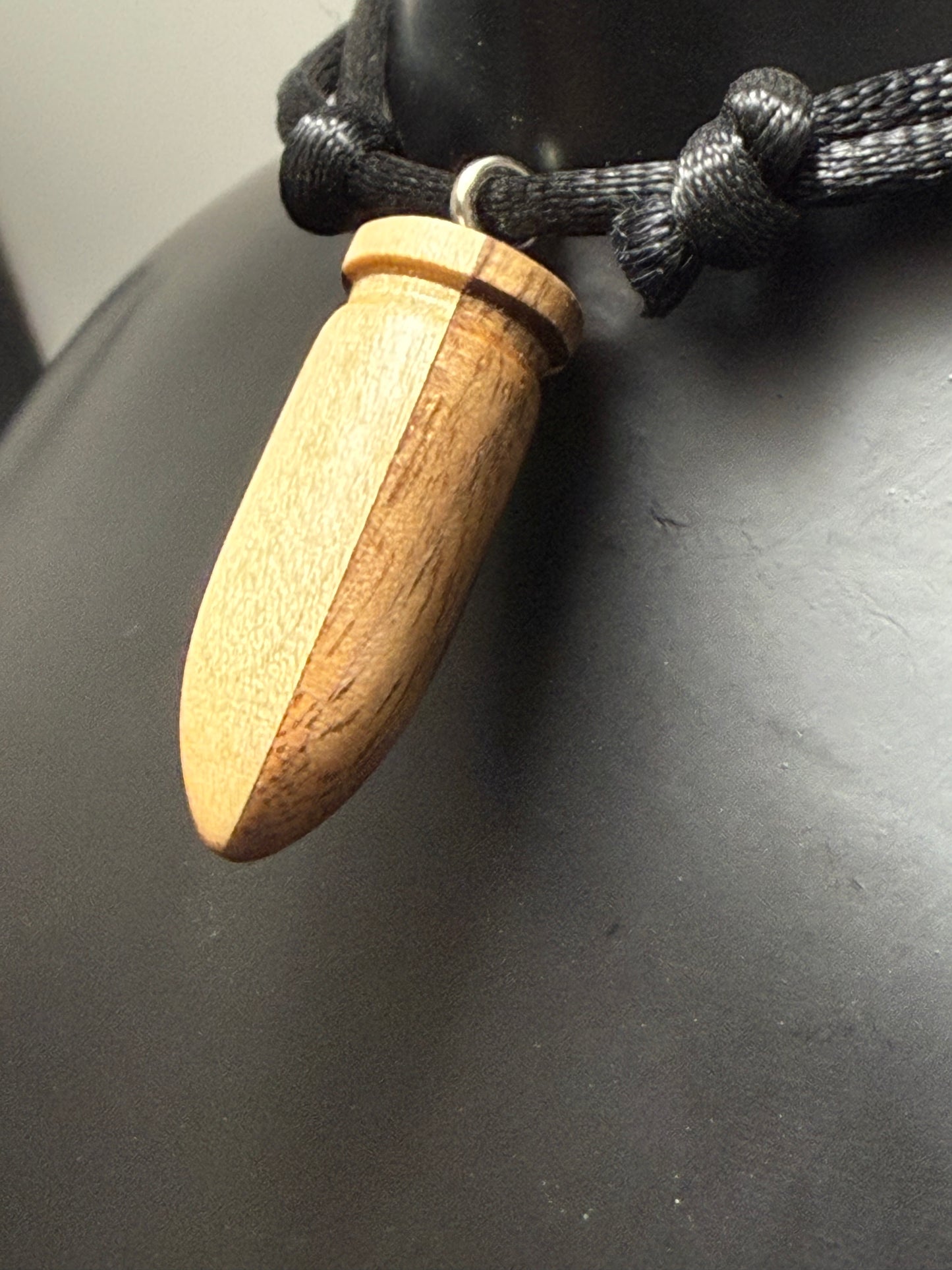 Black Walnut & Hard Maple bullet style Pendant w/black silky nylon adjustable necklace