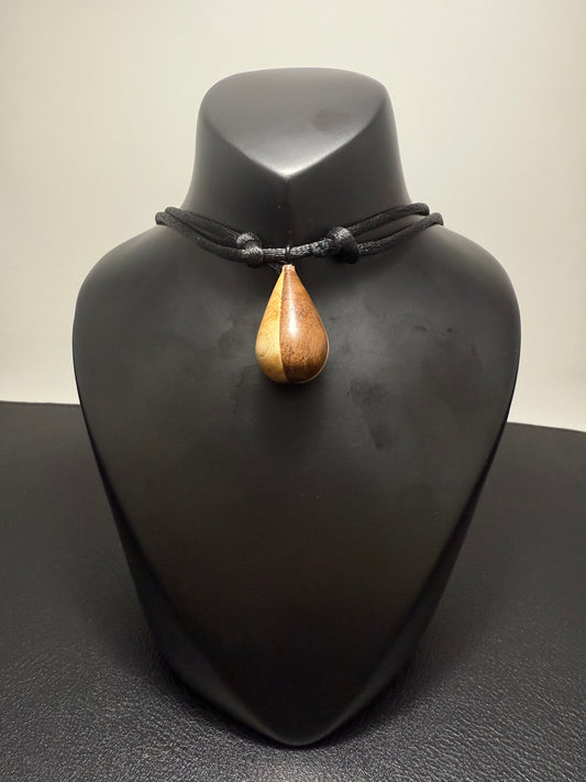 Black Walnut & Hard Maple Tear Drop Pendant w/ black silky nylon adjustable necklace