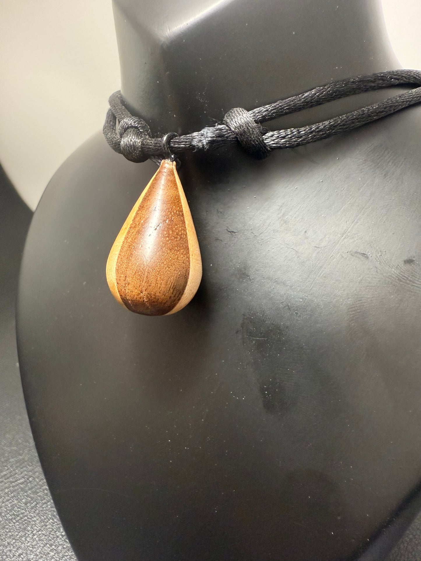 Black Walnut & Hard Maple Tear Drop Pendant w/ black silky nylon adjustable necklace