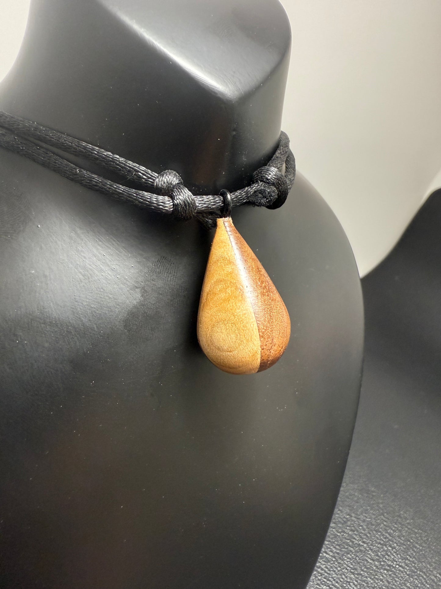 Black Walnut & Hard Maple Tear Drop Pendant w/ black silky nylon adjustable necklace