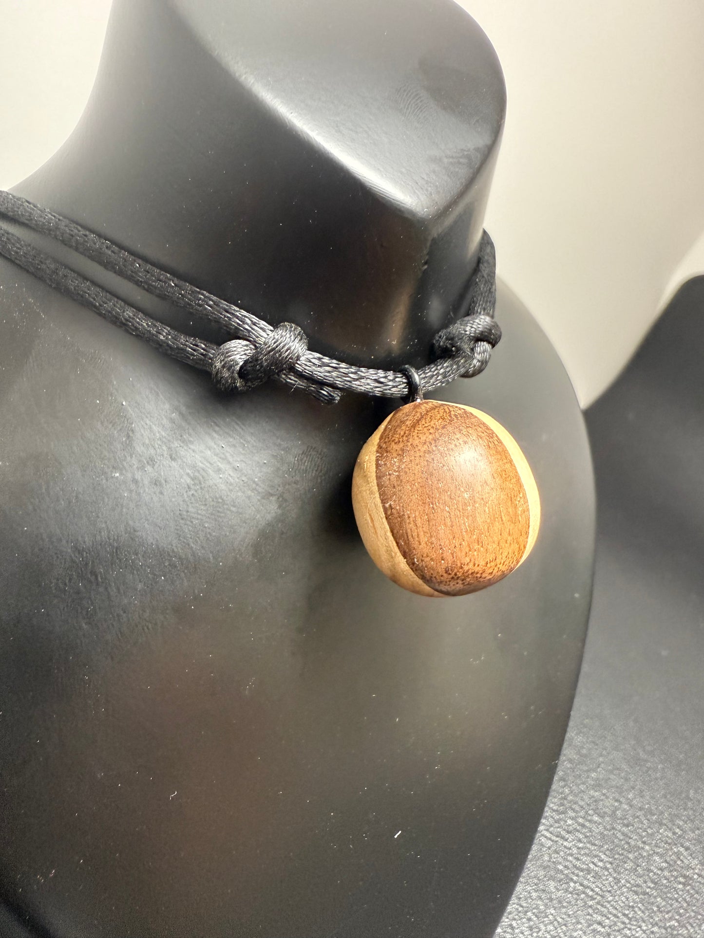 Black Walnut & Hard Maple Sphere Pendant w/adjustable black nylon necklace
