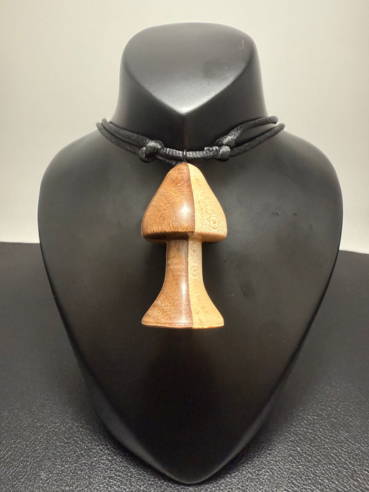 Black Walnut & Hard Maple Mushroom Pendant w/black nylon silky necklace