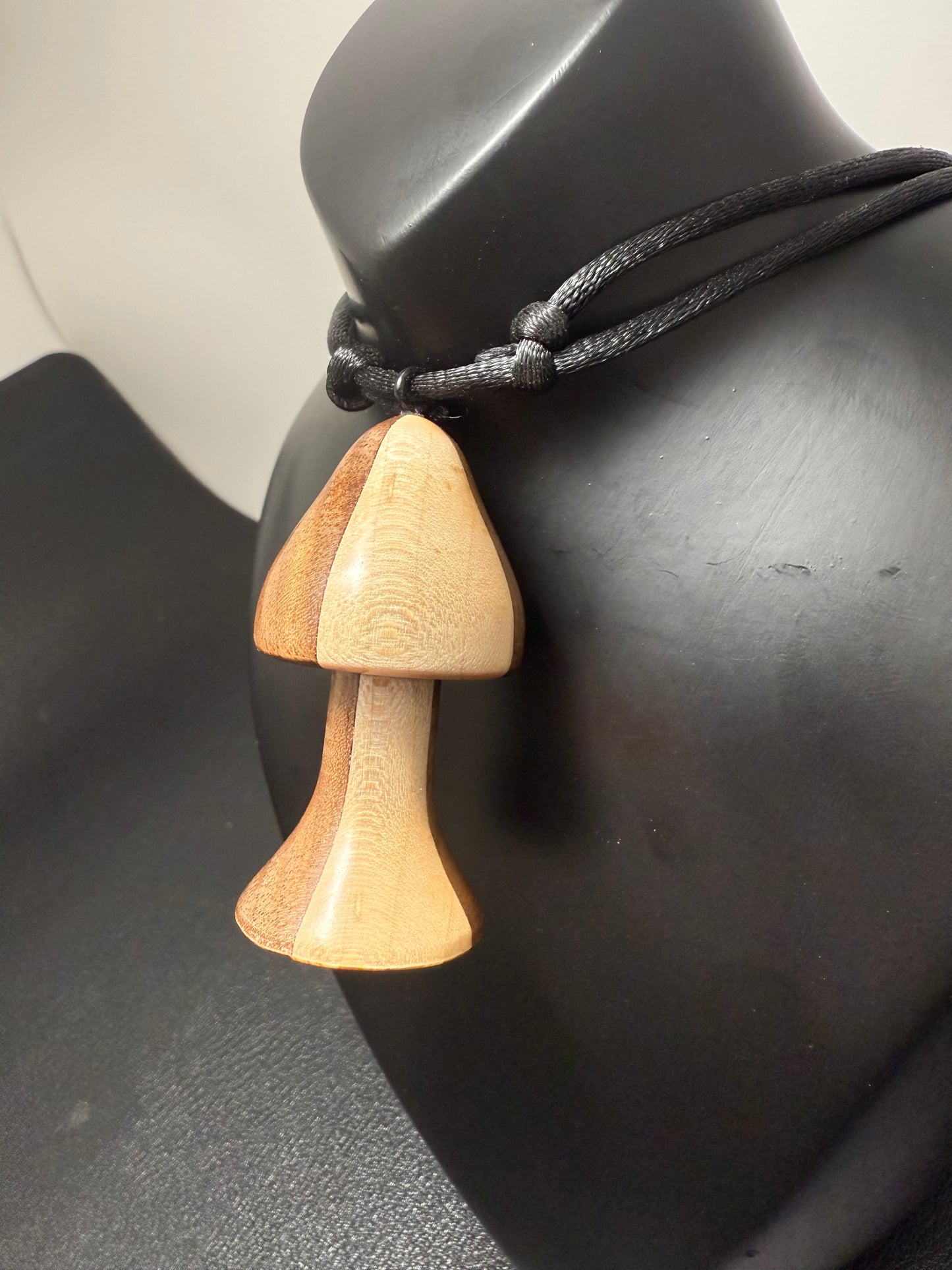 Black Walnut & Hard Maple Mushroom Pendant w/black nylon silky necklace
