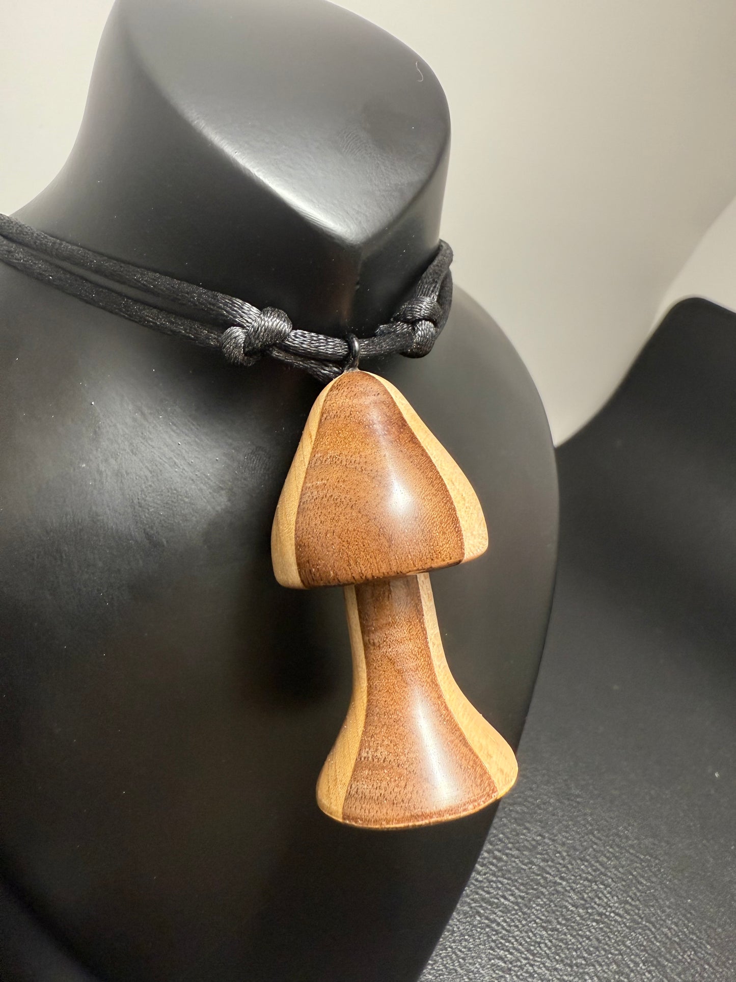 Black Walnut & Hard Maple Mushroom Pendant w/black nylon silky necklace