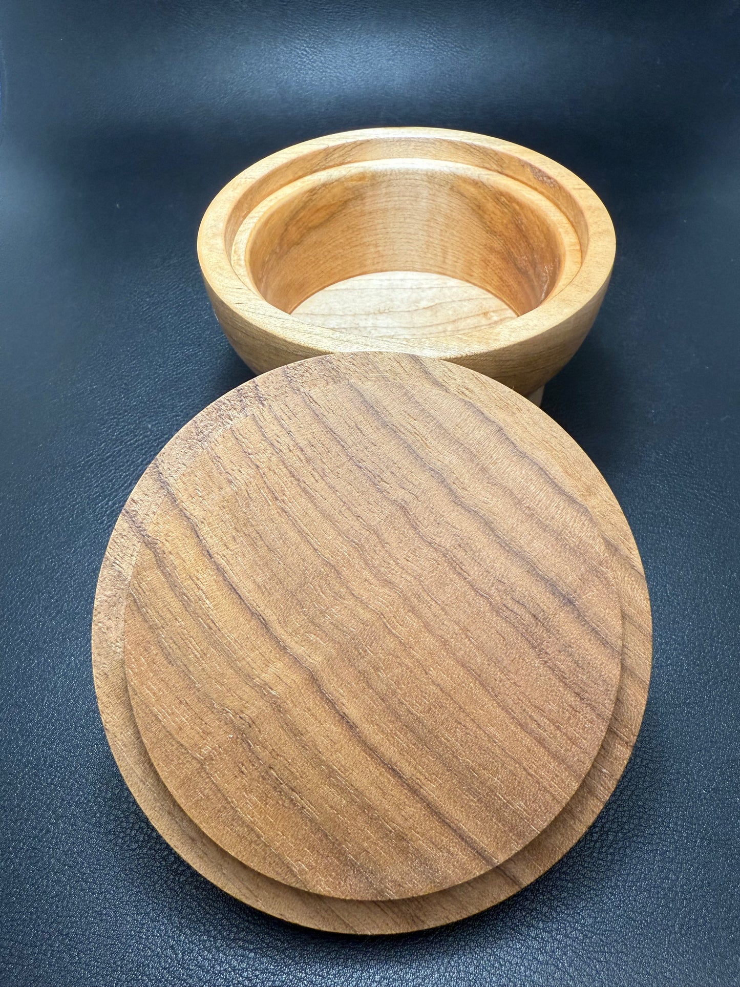 Ambrosia Maple Container with Curly Walnut Lid and Maple Burl Topper