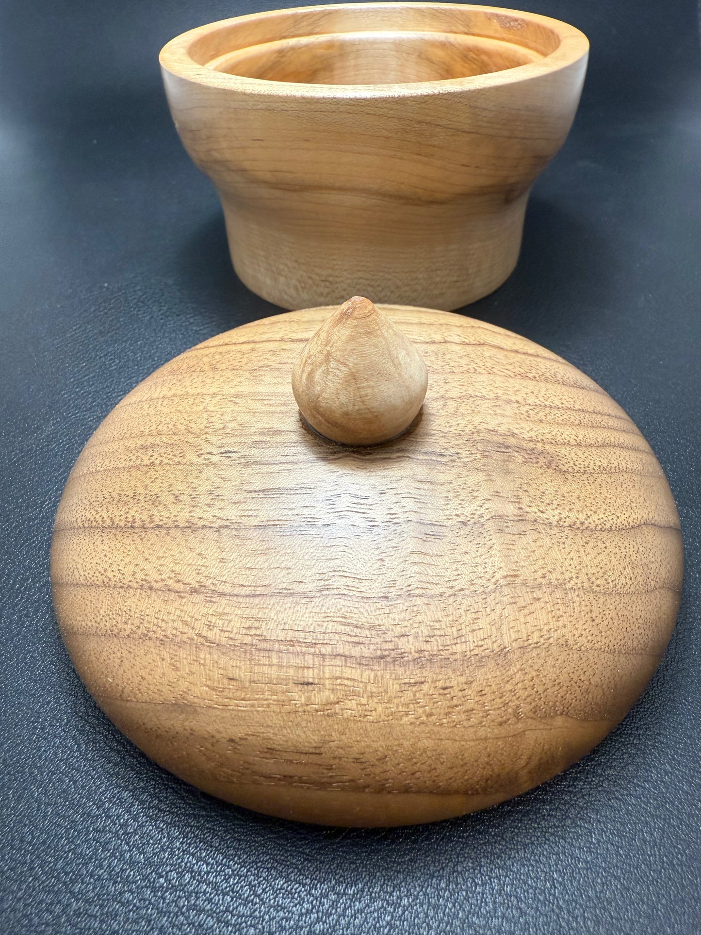 Ambrosia Maple Container with Curly Walnut Lid and Maple Burl Topper