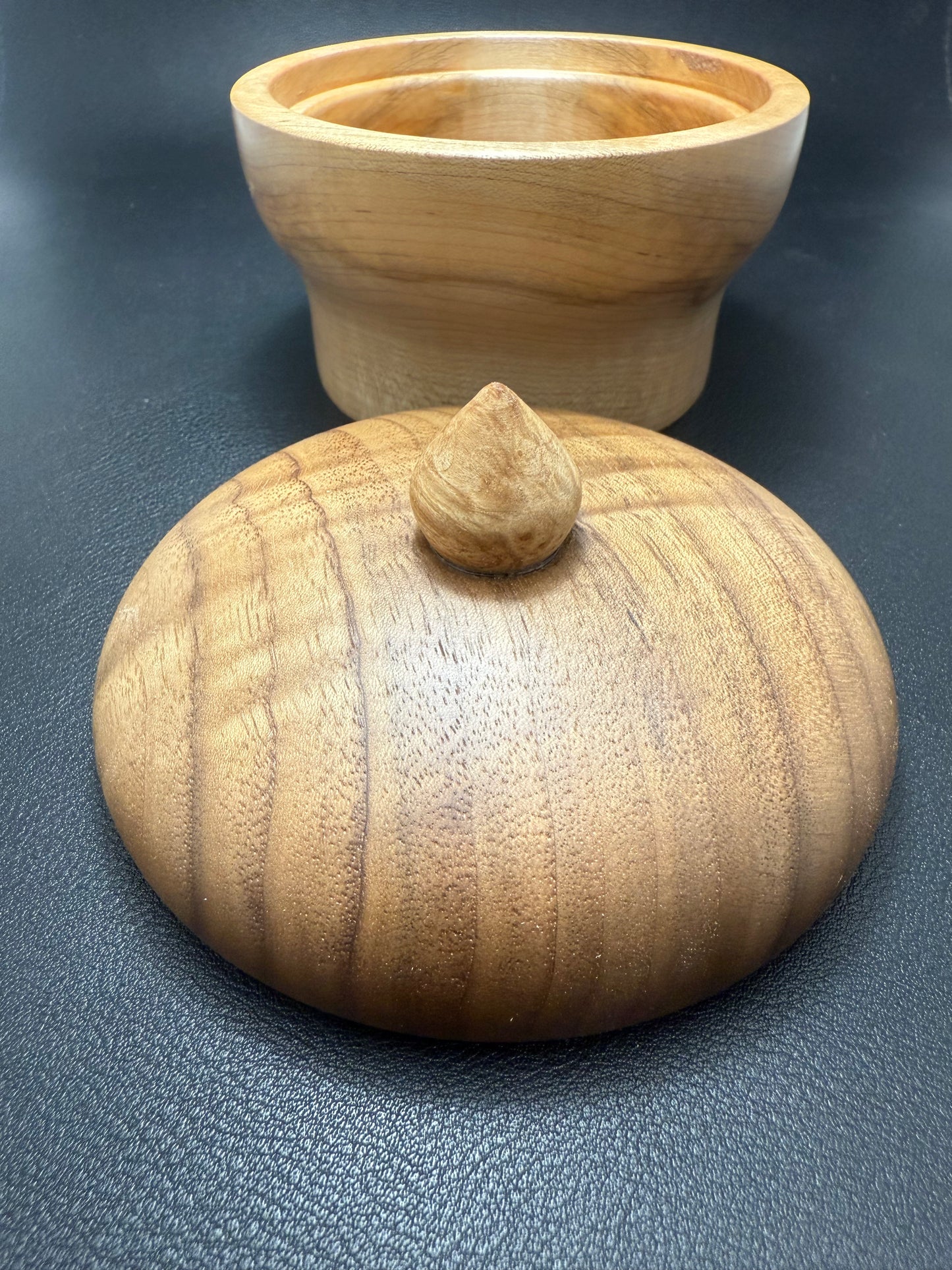 Ambrosia Maple Container with Curly Walnut Lid and Maple Burl Topper