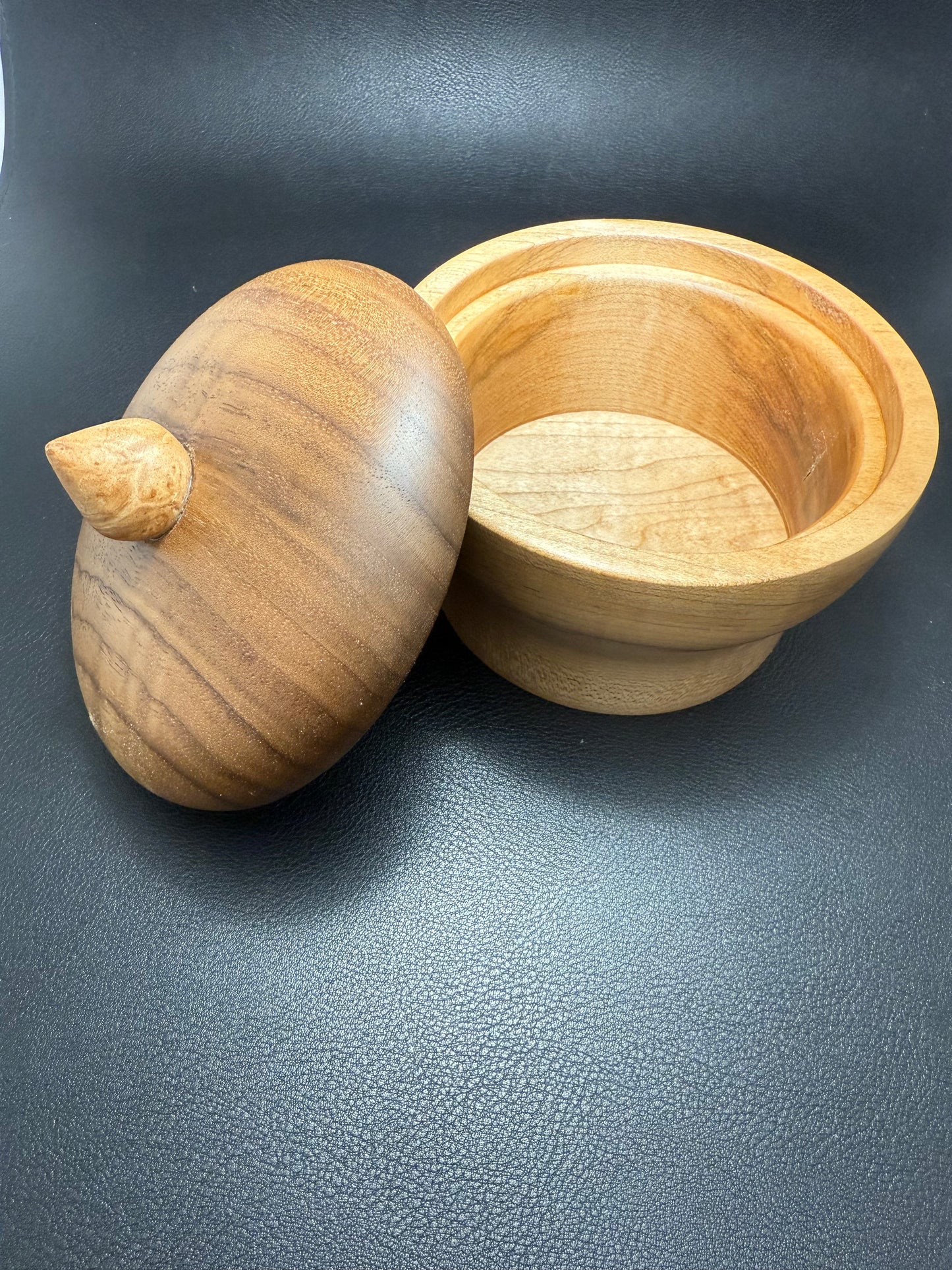 Ambrosia Maple Container with Curly Walnut Lid and Maple Burl Topper