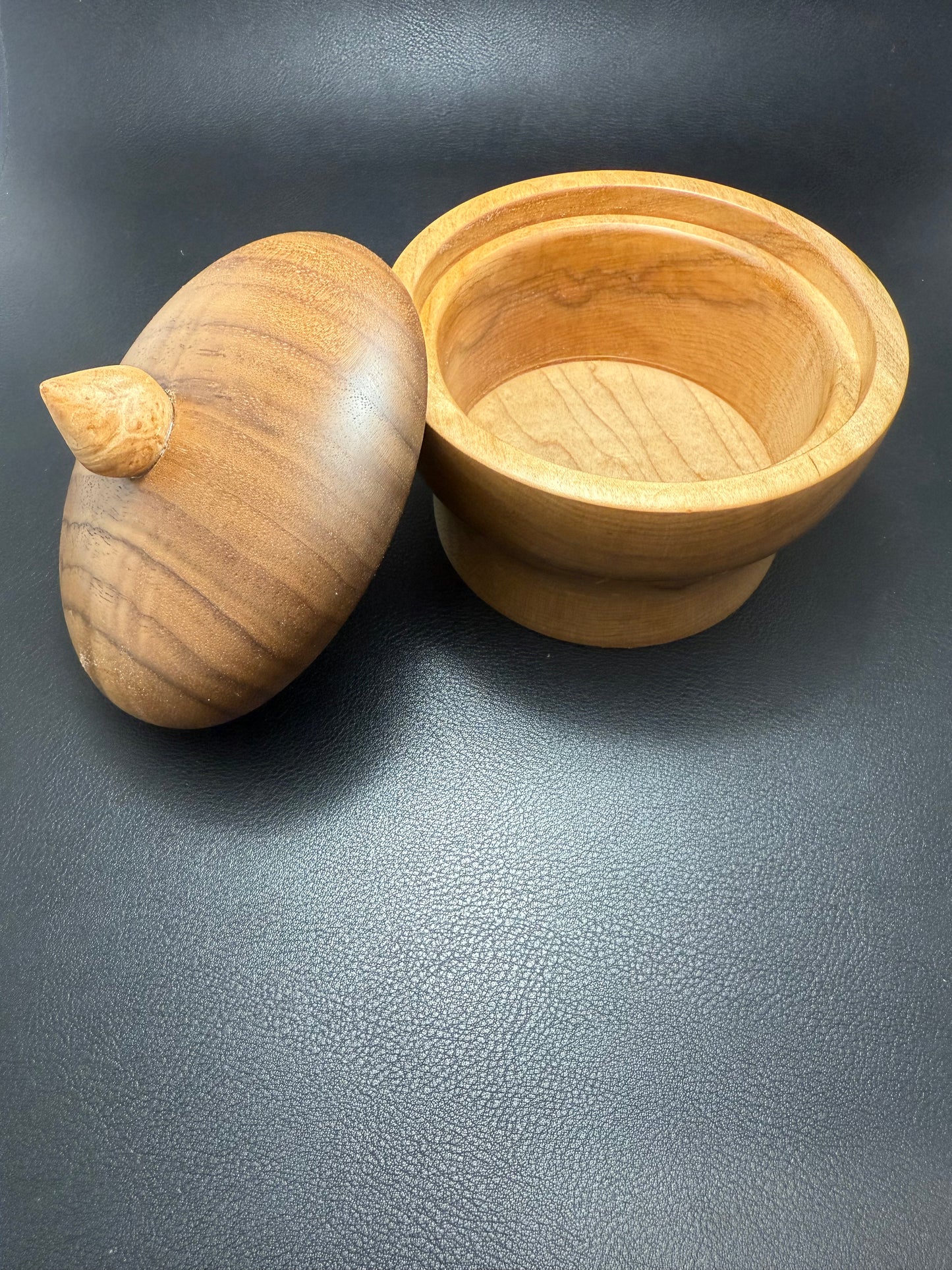 Ambrosia Maple Container with Curly Walnut Lid and Maple Burl Topper