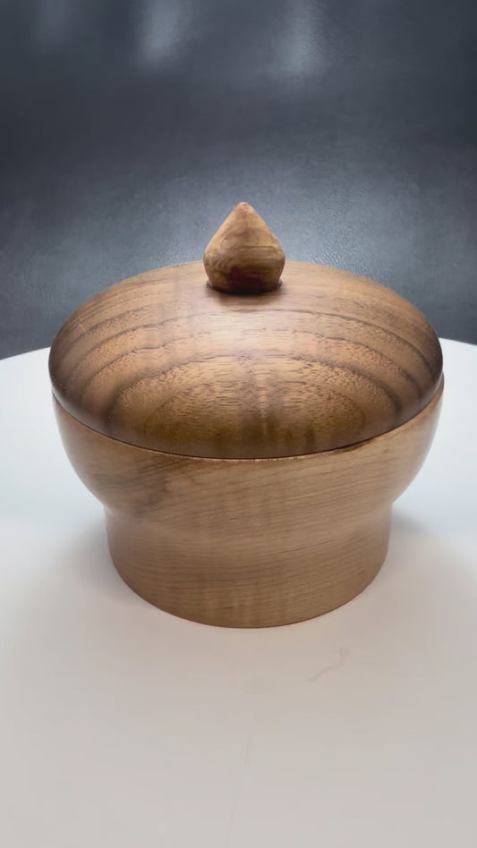 Ambrosia Maple Container with Curly Walnut Lid and Maple Burl Topper